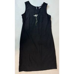 Vintage Embroidered Linen Blend Dress Daisy Black - Size Medium 10 - 12